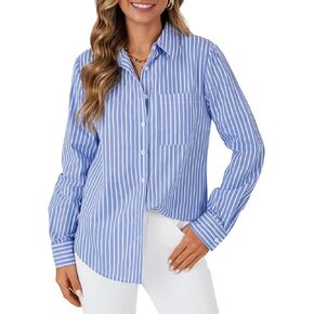 KIFOVEN Women’s Button Down Shirt Long Sleeve Striped Dress Shirt Collared Oxford Work Office Blouse Top with Pocket