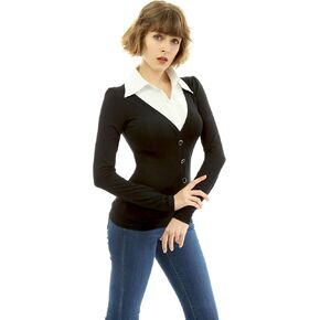 AmélieBoutik Women Shirt Collar Pleated 2 in 1 Style Pullover Blouse Top