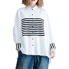 ellazhu Women's Relaxed Striped Button-Up Long-Sleeve Collar Cotton Blouse Shirt GA2075 A