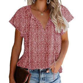 Women's Casual Floral Ruffle Short Sleeve Tops Cute Boho V Neck Loose Blouses Summer Fall Shirts