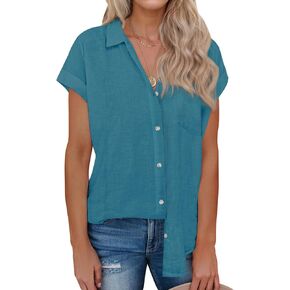 siliteelon Linen Shirts for Women Button Down Shirts Short Sleeve Cotton Collared V Neck Solid Casual Blouses with Pocket in Kuwait