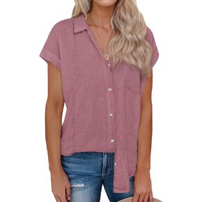 siliteelon Linen Shirts for Women Button Down Shirts Short Sleeve Cotton Collared V Neck Solid Casual Blouses with Pocket
