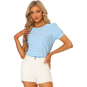 Allegra K Vintage Gingham Top for Women's Puff Short Sleeve Crew Neck Casual Check Shirt