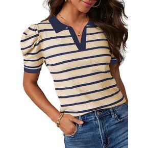 Dokotoo Womens Puff Short Sleeve Shirts Trendy V Neck Dressy Casual Knit Tops Stripes Collared T Shirts Blouses