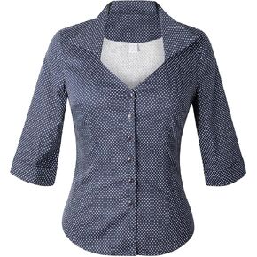 YARN & INK Women's Solid Classic-Fit Casual Blouses Button Down 3/4 Sleeve Dress Shirt 1950s Retro Elegant Work Office Tops