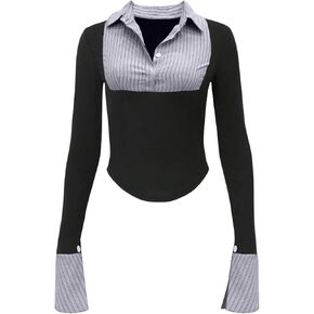 Women's Striped Button Front Collared Blouse Shirts Long Sleeve Slim Fit Asymmetrical Hem Work Tops