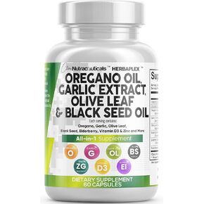 Oregano Oil 6000mg Garlic Extract 4000mg Olive Leaf 3000mg Black Seed Oil 3000mg - Immune Support & Digestive Health Supplement for Women and Men with Vitamin D3 and Zinc - Made in USA 60 Caps