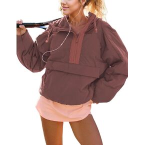 Womens Crew Neck Pullover Puffer Long Sleeve Loose Jacket Half Zip Hooded Coat with Drawstring