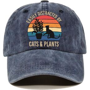 Cats Plants Funny Distressed Washed Blue Baseball Cap, Cat Plant Silhouette Vintage Adjustable Cotton Cap, Retirement Gifts for Men, Christmas Birthday Gifts for Family Cat Lover Plant Lover