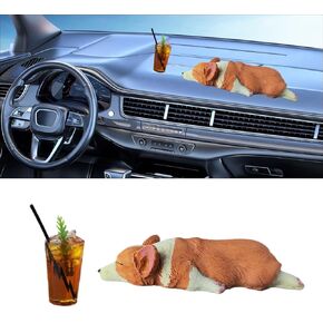 Mini Dog Cute Car Accessories, Sleeping Corgi Car Dashboard Ornament with Iced Tea, Resin Car Center Console Decoration, Universal Car Rearview Mirror Accessories (Ice Tea)