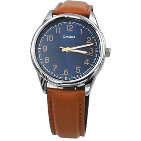 Casio MTP-V005L-2B4 Men's Standard Analog Tan Leather Band Blue Numbers Dial Watch