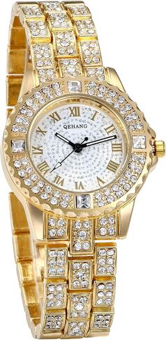JewelryWe Women Watches Gold Tone Alloy Rhinestone Quartz Watch Stylish Bling Dress Watch Wristwatches for Christmas in Kuwait