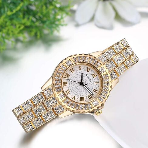 JewelryWe Women Watches Gold Tone Alloy Rhinestone Quartz Watch Stylish Bling Dress Watch Wristwatches for Christmas in Kuwait