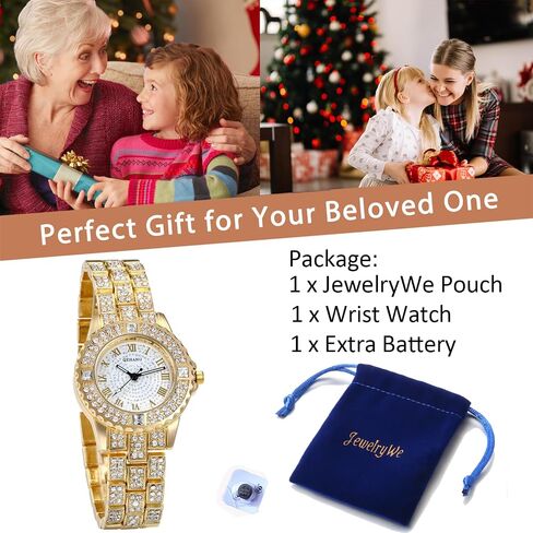 JewelryWe Women Watches Gold Tone Alloy Rhinestone Quartz Watch Stylish Bling Dress Watch Wristwatches for Christmas in Kuwait