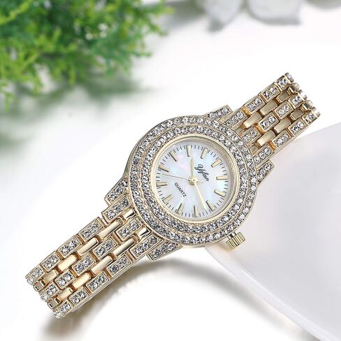 JewelryWe Women Watches Gold Tone Alloy Rhinestone Quartz Watch Stylish Bling Dress Watch Wristwatches for Christmas in Kuwait