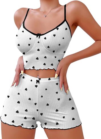 Hilinker Womens Graphic Print Ribbed PJ Set Crop Cami Tops and Shorts Cute Pajamas Set in Saudi Arabia
