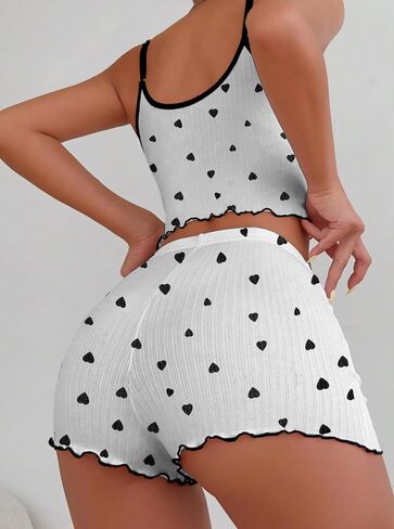 Hilinker Womens Graphic Print Ribbed PJ Set Crop Cami Tops and Shorts Cute Pajamas Set in Saudi Arabia