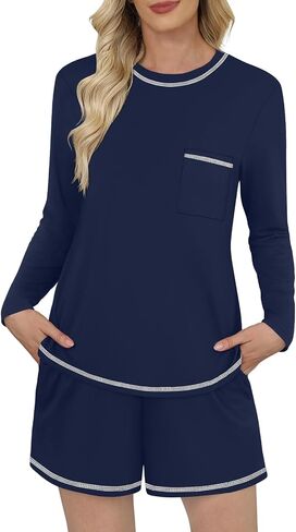 DouBCQ Women's Pajama Sets 2 Piece Long Sleeve Top and Shorts Crewneck Lounge Wear Soft Pjs with Pockets in Kuwait