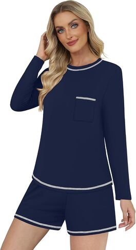 DouBCQ Women's Pajama Sets 2 Piece Long Sleeve Top and Shorts Crewneck Lounge Wear Soft Pjs with Pockets in Kuwait