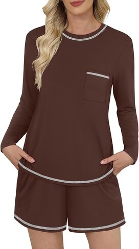 DouBCQ Women's Pajama Sets 2 Piece Long Sleeve Top and Shorts Crewneck Lounge Wear Soft Pjs with Pockets in Kuwait