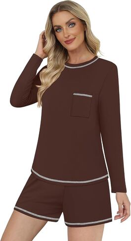 DouBCQ Women's Pajama Sets 2 Piece Long Sleeve Top and Shorts Crewneck Lounge Wear Soft Pjs with Pockets in Kuwait