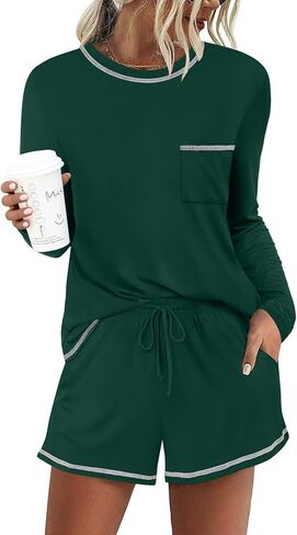 DouBCQ Women's Pajama Sets 2 Piece Long Sleeve Top and Shorts Crewneck Lounge Wear Soft Pjs with Pockets in Kuwait