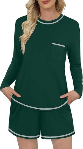 DouBCQ Women's Pajama Sets 2 Piece Long Sleeve Top and Shorts Crewneck Lounge Wear Soft Pjs with Pockets in Kuwait