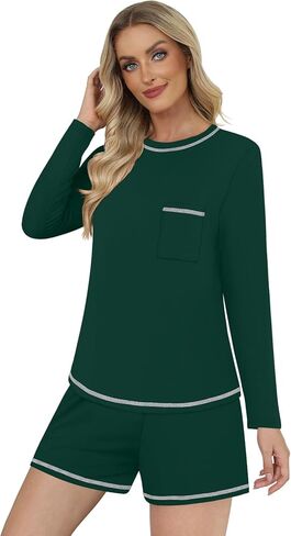 DouBCQ Women's Pajama Sets 2 Piece Long Sleeve Top and Shorts Crewneck Lounge Wear Soft Pjs with Pockets in Kuwait