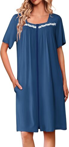 Ekouaer Women Zipper Robe Short Sleeves House Coat Zipper Front Bathrobe Sleepwear with Pockets Housecoat Nightgown in Saudi Arabia