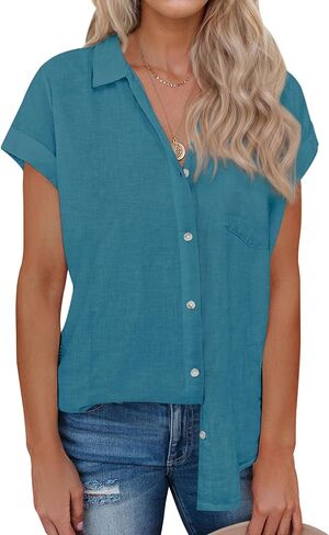 siliteelon Linen Shirts for Women Button Down Shirts Short Sleeve Cotton Collared V Neck Solid Casual Blouses with Pocket in Kuwait