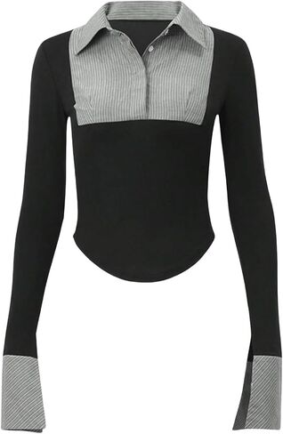Women's Striped Button Front Collared Blouse Shirts Long Sleeve Slim Fit Asymmetrical Hem Work Tops in Saudi Arabia