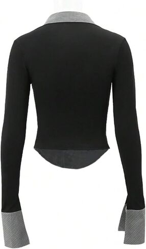 Women's Striped Button Front Collared Blouse Shirts Long Sleeve Slim Fit Asymmetrical Hem Work Tops in Saudi Arabia