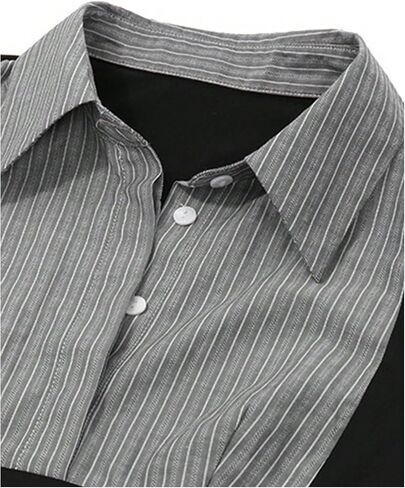 Women's Striped Button Front Collared Blouse Shirts Long Sleeve Slim Fit Asymmetrical Hem Work Tops in Saudi Arabia