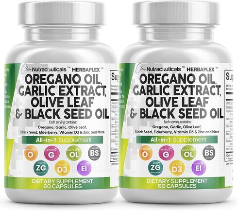 Oregano Oil 6000mg Garlic Extract 4000mg Olive Leaf 3000mg Black Seed Oil 3000mg - Immune Support & Digestive Health Supplement for Women and Men with Vitamin D3 and Zinc - Made in USA 60 Caps in Saudi Arabia