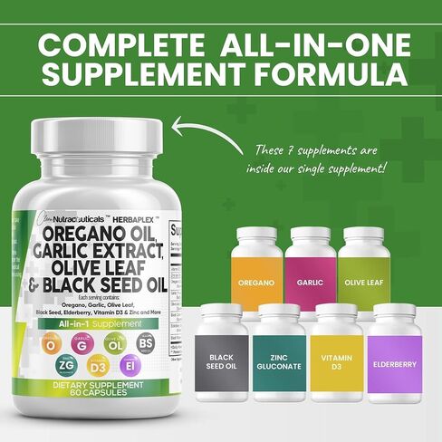 Oregano Oil 6000mg Garlic Extract 4000mg Olive Leaf 3000mg Black Seed Oil 3000mg - Immune Support & Digestive Health Supplement for Women and Men with Vitamin D3 and Zinc - Made in USA 60 Caps in Saudi Arabia