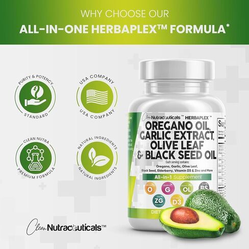 Oregano Oil 6000mg Garlic Extract 4000mg Olive Leaf 3000mg Black Seed Oil 3000mg - Immune Support & Digestive Health Supplement for Women and Men with Vitamin D3 and Zinc - Made in USA 60 Caps in Saudi Arabia