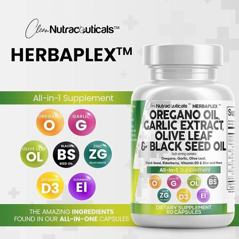 Oregano Oil 6000mg Garlic Extract 4000mg Olive Leaf 3000mg Black Seed Oil 3000mg - Immune Support & Digestive Health Supplement for Women and Men with Vitamin D3 and Zinc - Made in USA 60 Caps in Saudi Arabia