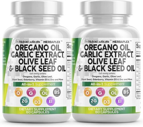 Oregano Oil 6000mg Garlic Extract 4000mg Olive Leaf 3000mg Black Seed Oil 3000mg - Immune Support & Digestive Health Supplement for Women and Men with Vitamin D3 and Zinc - Made in USA 60 Caps in Saudi Arabia