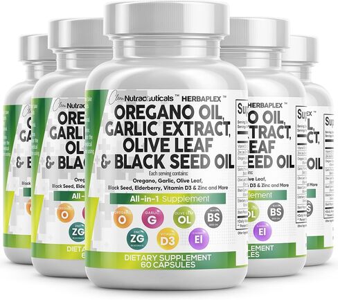 Oregano Oil 6000mg Garlic Extract 4000mg Olive Leaf 3000mg Black Seed Oil 3000mg - Immune Support & Digestive Health Supplement for Women and Men with Vitamin D3 and Zinc - Made in USA 60 Caps in Saudi Arabia