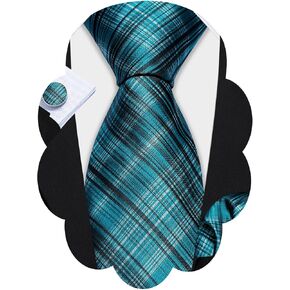 Barry.Wang Designer Classic Ties for Men Set Formal Pocket Square Cufflink Check Plaid