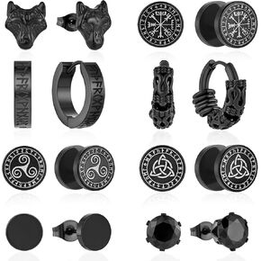 Fake Gauge earrings Stainless Steel Stud Earrings Huggie Hoops 8Pairs Viking Earrings Punk Jewelry for Men/Women