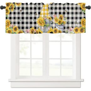 Sunflower Gnome Window Valance Curtain Farm Bees Vintage Black Buffalo Plaid Valance Tier Curtain Blackout Rod Pocket Curtain Valances for Kitchen/Bedroom/Living Room/Bathroom, 1 Panel, 54 x 18 Inch