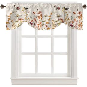 Tie Up Valances for Windows Thanksgiving Botanical Fall Plants Robin Bird Wildflower Daisy Adjustable Ties Valance, Rod Pocket Treatment Drape for Kitchen/Bedroom/Living Room/Bathroom,42 x 12 Inch