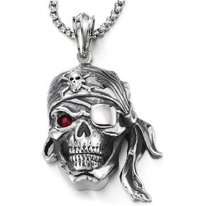 COOLSTEELANDBEYOND Mens Steel Viking Pirate Skull Pendant Necklace with Cubic Zirconia and Wheat Chain
