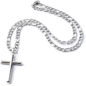 14K White Figaro Chain Style Cross Pendant Necklace Solid Lobster Clasp For Men,Women,Teens. Thin For Charms Choose Length “16", “18", 20" or 22" Miami Cuban Link Diamond Cut 3MM