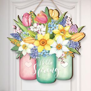 Spring Flower Door Sign Spring Door Decor Hello Spring Sign Welcome Sign for Front Door Colorful Wooden Spring Hanging Decorations for Home Indoor Outdoor Farmhouse Porch Decor (Jar)
