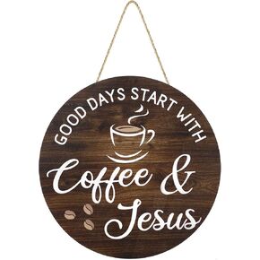 Blulu Coffee Bar Decor Coffee Signs, Good Days Start with Coffee & Jesus, Coffee Bar Accessories Decorations,12'' x 12''(Rustic Good Days Start with Coffee & Jesus)