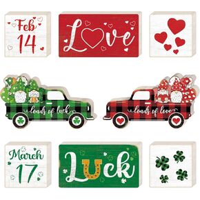 Wenqik 4 Pcs Valentines Day Decor and Reversible St. Patrick's Day Decor Wood Signs Love Valentines Table Centerpieces Luck Shamrocks Wood Tiered Tray Decor Freestanding Wood Tabletop Decorations