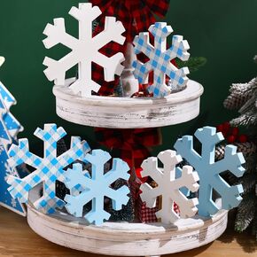 6 Pcs Winter Wooden Snowflakes Decorations 3D Sign Crafts for Home Table White and Blue Plaid Snowflake Ornaments Tray Fireplace Tabletop Shelf Parties Christmas