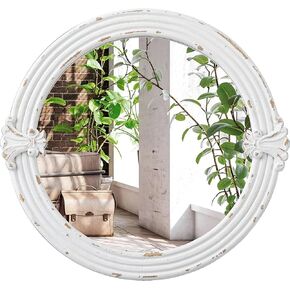 Rustic Round Mirrors for Wall Decor 20 Inch, Hanging Distressed White Floral Carved Wood Frame Circular Mirror for Entryway, Vintage Decorative Bathroom Mirrors for Over Sink